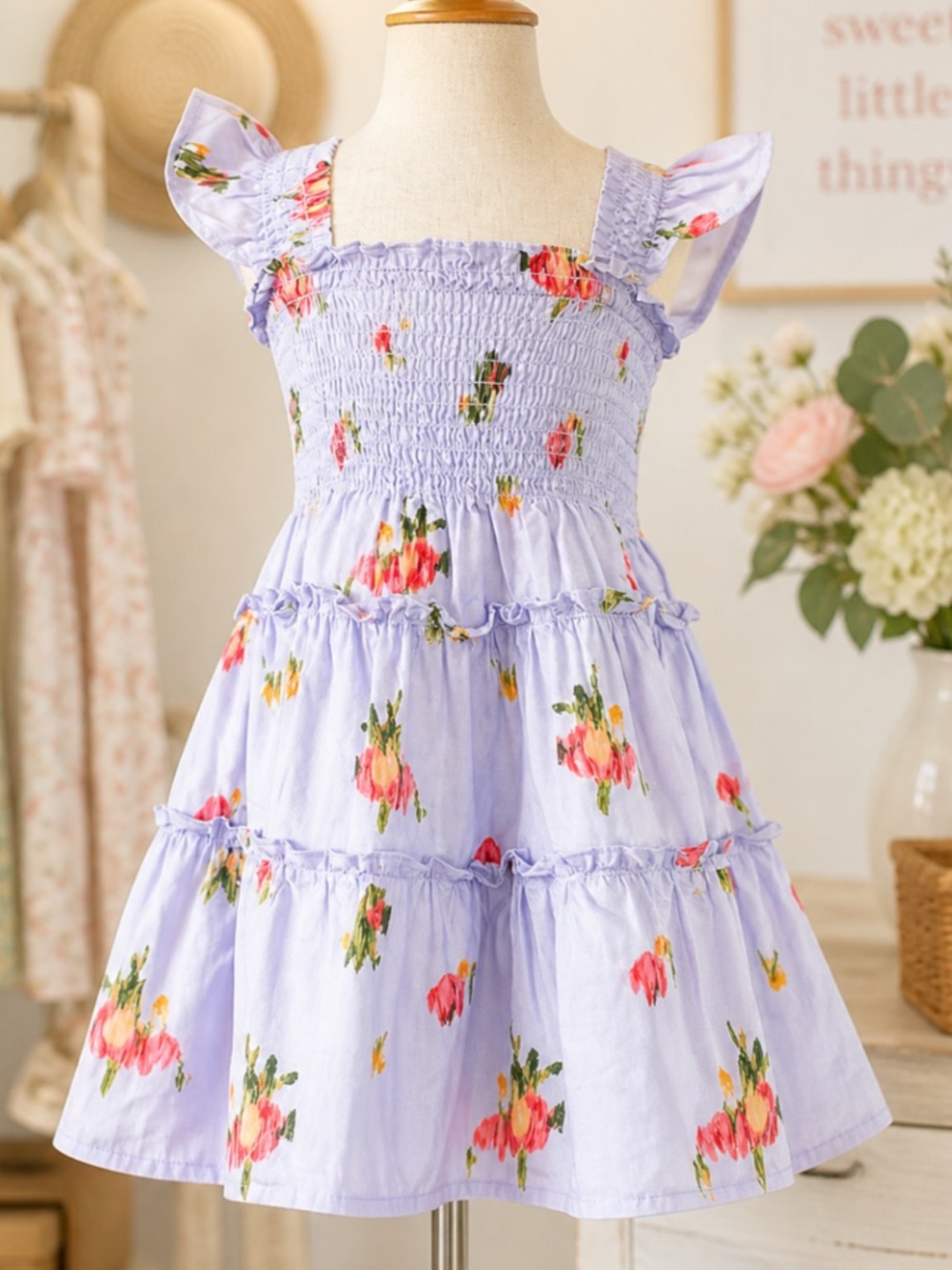 Hill House Tiny Ellie Nap Dress Lilac Floral Smocked Tiered Ruffle Summer *FLAW*